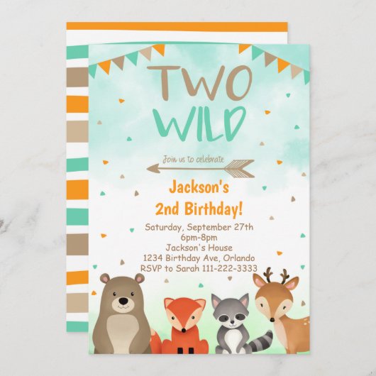 Woodland 2nd Birthday Invitation, Two Wild Invite Einladung (Vorne/Hinten)