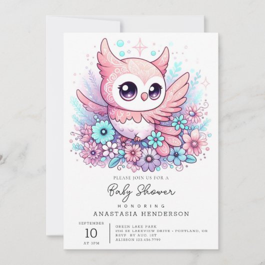 Woodland Adorable Owl Babydusche Einladung (Vorderseite)