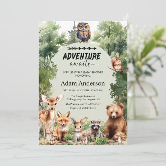 Woodland Adventure Awaits Baby Shower Einladung (Stehend Vorderseite)