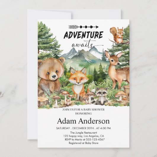 Woodland Adventure Baby Shower Invitation | Forest Einladung (Vorderseite)