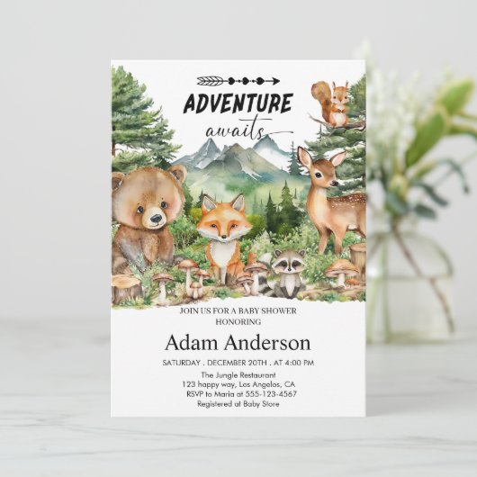 Woodland Adventure Baby Shower Invitation | Forest Einladung (Stehend Vorderseite)