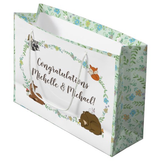 Woodland Animal Baby Dusche Große Geschenktüte (Vorderseite Schrägansicht)