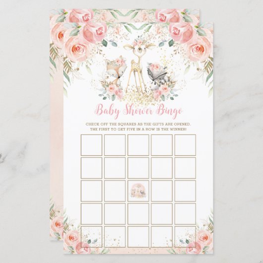 Woodland Animal Blush Bloral Baby Dusche Bingo (Vorne/Hinten)