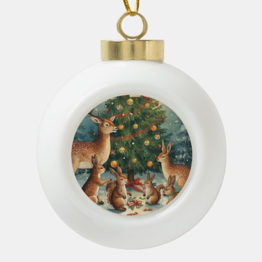 Woodland Animal Christmas Scene Keramik Kugel-Ornament (Vorderseite)