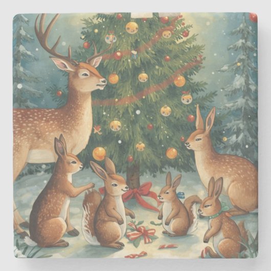 Woodland Animal Christmas Scene Steinuntersetzer (Vorderseite)