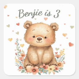 Woodland Animal Cute Bear Pastel Hearts Floral Quadratischer Aufkleber