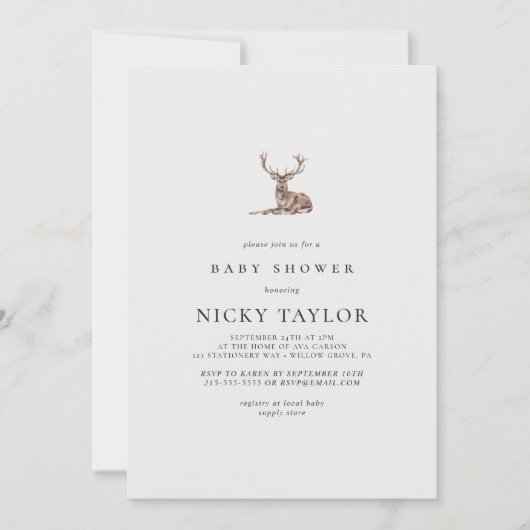 Woodland Animal Deer Minimalistisch Baby Dusche Einladung (Vorderseite)