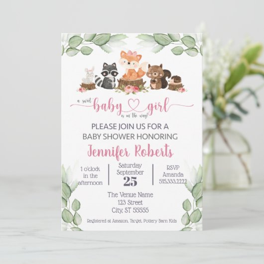 Woodland Animal Eucalyptus Pink Baby Dusche Einladung (Stehend Vorderseite)