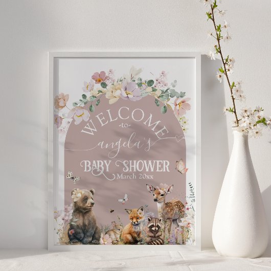 Woodland animal floral girl Baby Dusche willkommen Poster