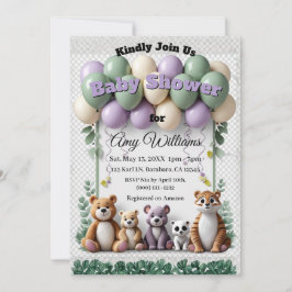 Woodland Animal Green aand Lavender Baby Shower Einladung