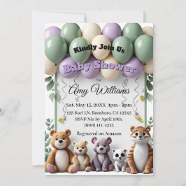 Woodland Animal Green and Lavender Baby Dusche Einladung