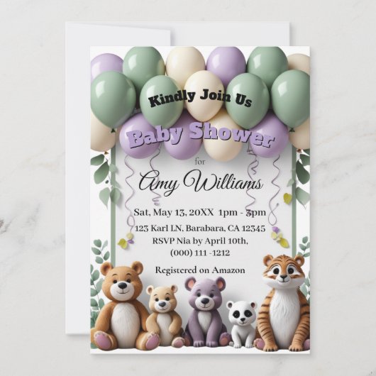 Woodland Animal Green and Lavender Baby Dusche Einladung (Vorderseite)