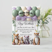Woodland Animal Green and Lavender Baby Dusche Einladung (Stehend Vorderseite)