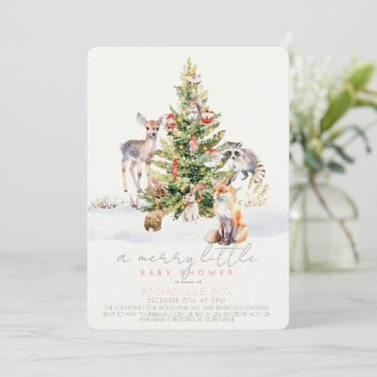 Woodland Animal Merry Little Christmas Baby Shower Einladung (Stehend Vorderseite)