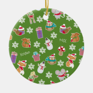Woodland Animal Muster Grün Frohe Weihnachten Keramik Ornament