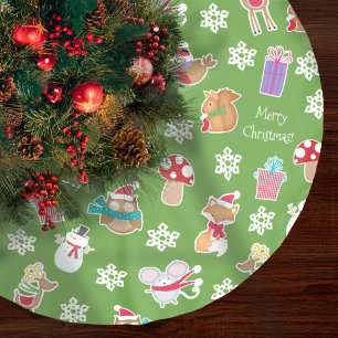Woodland Animal Muster Grün Frohe Weihnachten Polyester Weihnachtsbaumdecke
