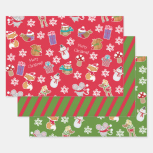 Woodland Animal Muster Red Green Frohe Weihnachten Geschenkpapier Set