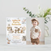 Woodland Animals 3. Geburtstag Party Foto Einladung (Stehend Vorderseite)