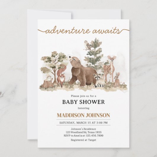 Woodland Animals Adventure erwartet Baby Shower Einladung (Vorderseite)