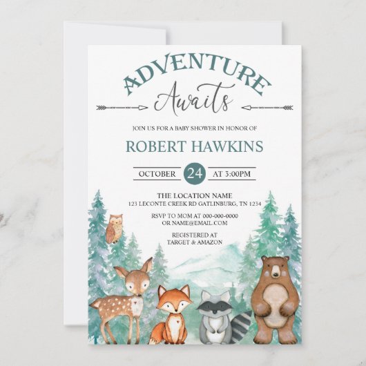Woodland Animals Adventure erwartet Baby Shower In Einladung (Vorderseite)