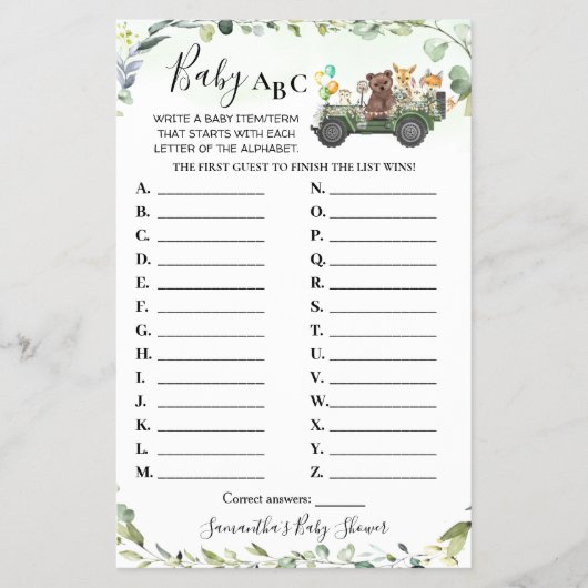 Woodland Animals Baby ABC Kinderspielkarte Flyer (Vorne)