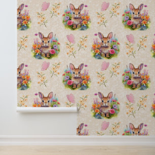 Woodland Animals Baby Bunny Floral Creme Tapete