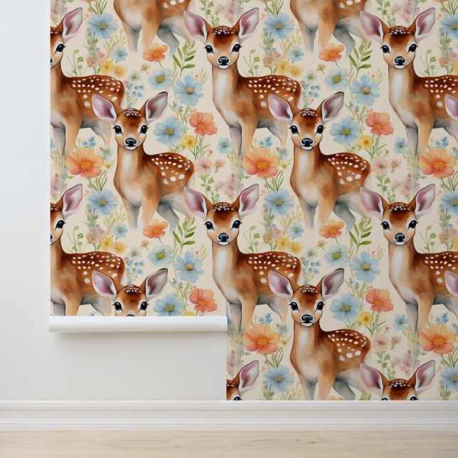 Woodland Animals Baby Deer Fawn Floral Creme Tapete (Anwendung)