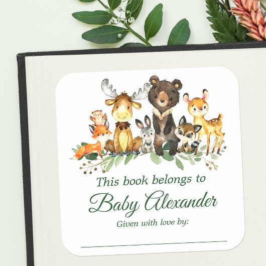 Woodland Animals Baby Dusche Buchzeichen Labels Quadratischer Aufkleber