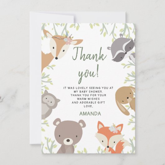 Woodland Animals Baby Dusche Danke Karte (Vorderseite)