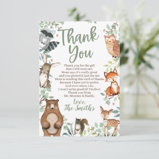 Woodland Animals Baby Dusche Danke Karten (Stehend Vorderseite)