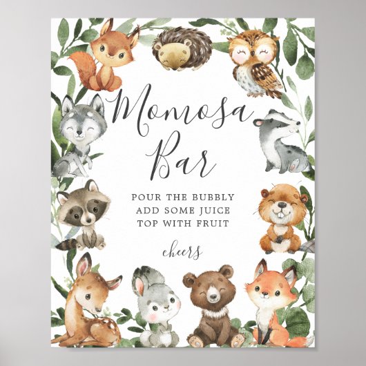 Woodland Animals Baby Dusche Mimosa Bar Zeichen Poster (Vorne)