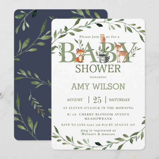 Woodland Animals Baby Dusche Whimsical Greenery Einladung (Vorne/Hinten)
