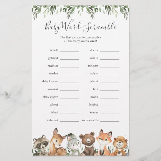 Woodland Animals Baby Dusche Word Scramble Game (Vorderseite)