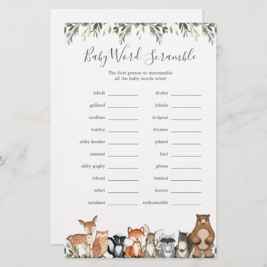 Woodland Animals Baby Dusche Word Scramble Game (Vorne/Hinten)