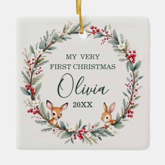 Woodland Animals Baby First Frohe Weihnachten Keramikornament (Vorderseite)