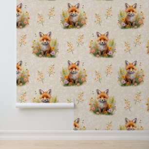 Woodland Animals Baby Fox Wilde Blume auf Creme Tapete