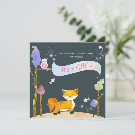 Woodland Animals Baby Girl Baby Dusche Einladung (Stehend Vorderseite)