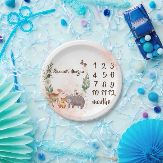Woodland Animals Baby Girl Month Milestone Pappteller (Party)