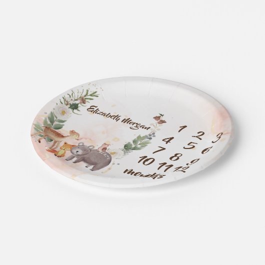 Woodland Animals Baby Girl Month Milestone Pappteller (Schrägansicht)