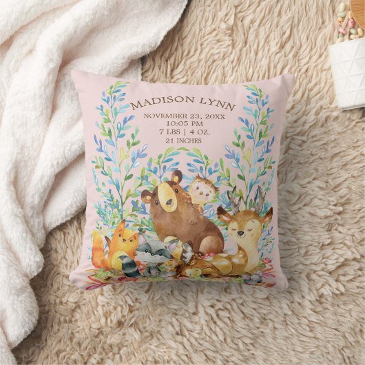 Woodland Animals Baby Girls Birth Stats Pillow Kissen (Decke)
