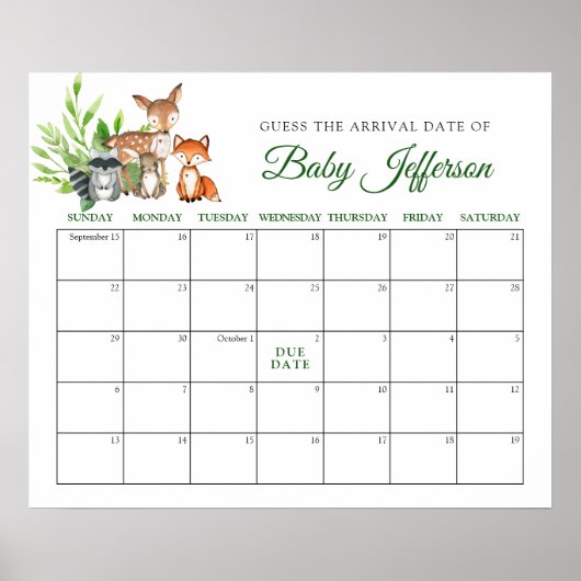 Woodland Animals Baby Ratings Due Date Calendar Poster (Vorne)