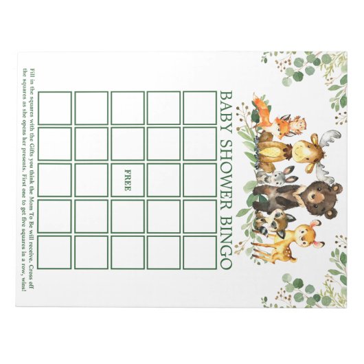 Woodland Animals Baby Shower Bingo Sheets Notizblock (Vorderseite)