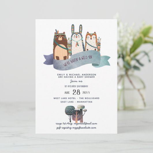 Woodland Animals Baby Shower Einladung Tribal (Stehend Vorderseite)