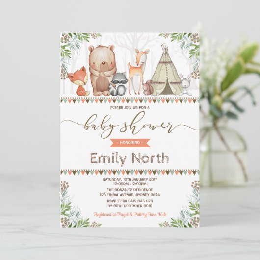 Woodland Animals Baby Shower Forest Friends Einladung (Stehend Vorderseite)