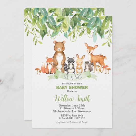 Woodland Animals Baby Shower Forest Grüne Junge Einladung (Vorne/Hinten)