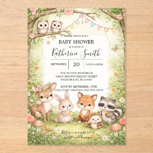 Woodland Animals Baby Shower Invitation Background Acryleinladungen (Vorderseite)