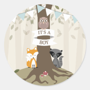 Woodland Animals Baby Shower - Junge Runder Aufkleber