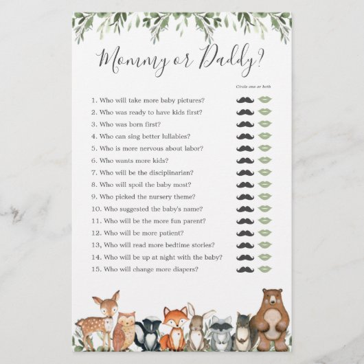 Woodland Animals Baby Shower Mommy oder Daddy Game (Vorderseite)