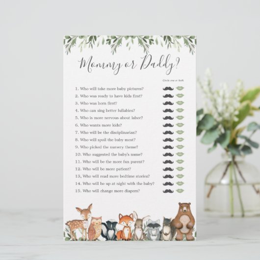 Woodland Animals Baby Shower Mommy oder Daddy Game (Stehend Vorderseite)