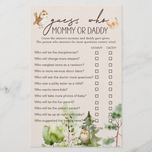 Woodland Animals Baby Shower Mommy oder Daddy Game Flyer (Vorne)